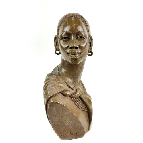 9 - ELLIOT KATOMBERA SHONA BUST, carved African hardstone, signed and dated 2004, 45cm H.