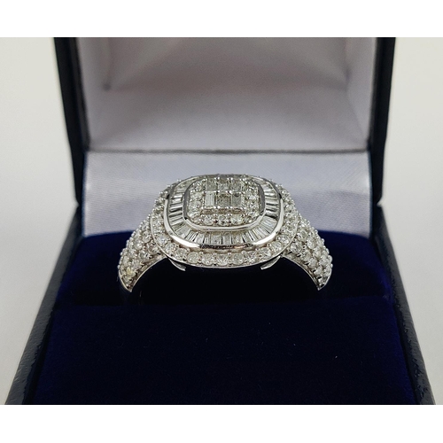 20 - A WHITE GOLD DIAMOND CLUSTER GENTS RING, 9ct gold shank, baguette cut and round brilliant cut stones... 