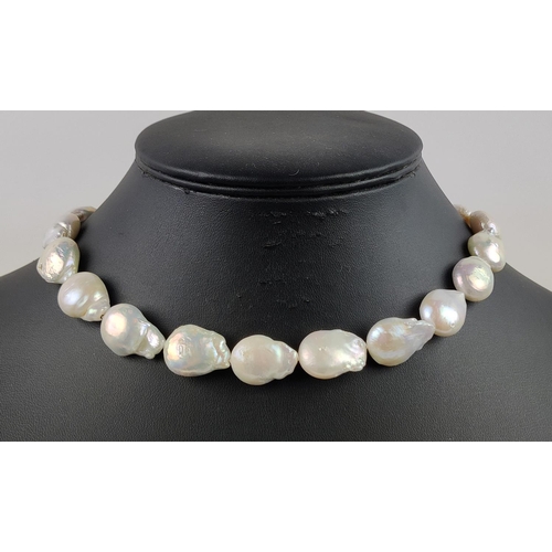 21 - A BAROQUE FRESHWATER PEARL NECKLACE, with brushed gold plated hoop clasp, 44cm / 17.5 inches long.