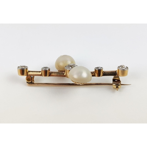 25 - A YELLOW METAL DIAMOND AND PEARL BAR BROOCH, early 20th century, probably high carat gold, set with ... 