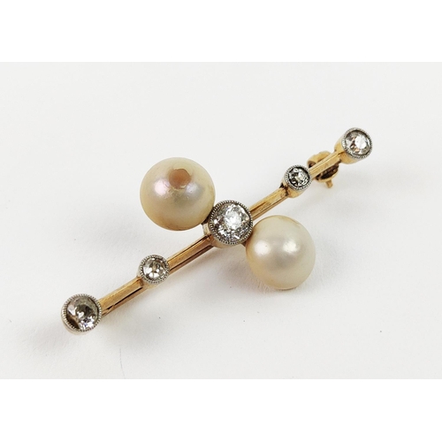 25 - A YELLOW METAL DIAMOND AND PEARL BAR BROOCH, early 20th century, probably high carat gold, set with ... 