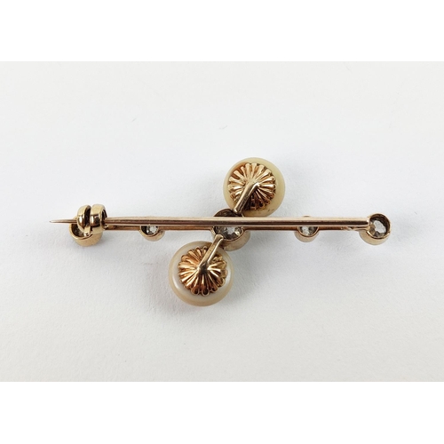 25 - A YELLOW METAL DIAMOND AND PEARL BAR BROOCH, early 20th century, probably high carat gold, set with ... 