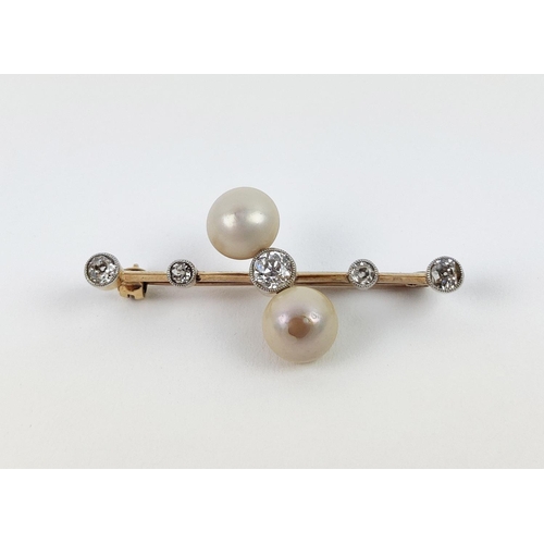 25 - A YELLOW METAL DIAMOND AND PEARL BAR BROOCH, early 20th century, probably high carat gold, set with ... 