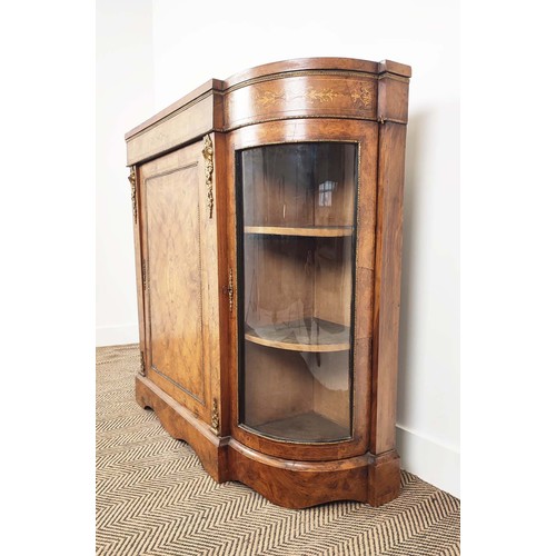 133 - CREDENZA, mid Victorian burr walnut, inlaid and gilt metal mounted with bowed glazed doors and velve... 