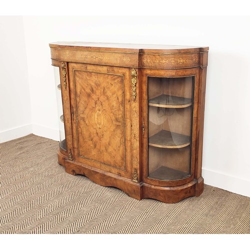 133 - CREDENZA, mid Victorian burr walnut, inlaid and gilt metal mounted with bowed glazed doors and velve... 