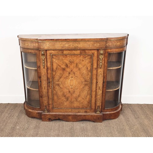 133 - CREDENZA, mid Victorian burr walnut, inlaid and gilt metal mounted with bowed glazed doors and velve... 