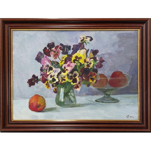 55 - IVA SOBAKIN (1928-1994), 'Still life with pansies', oil on canvas, 40cm x 55cm.