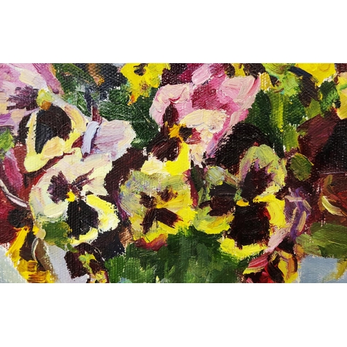 55 - IVA SOBAKIN (1928-1994), 'Still life with pansies', oil on canvas, 40cm x 55cm.