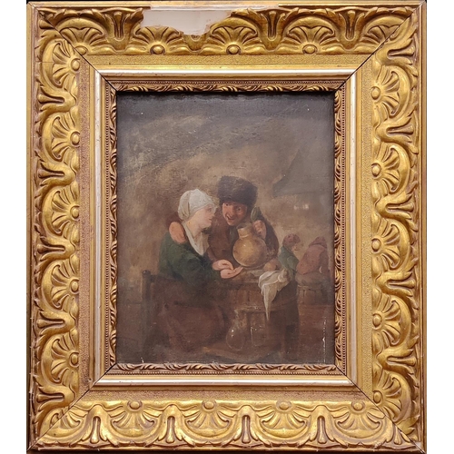 72 - 18TH/19TH CENTURY SCHOOL, 'Figures with Jug', oil on board, 27cm x 21cm, framed together with a port... 