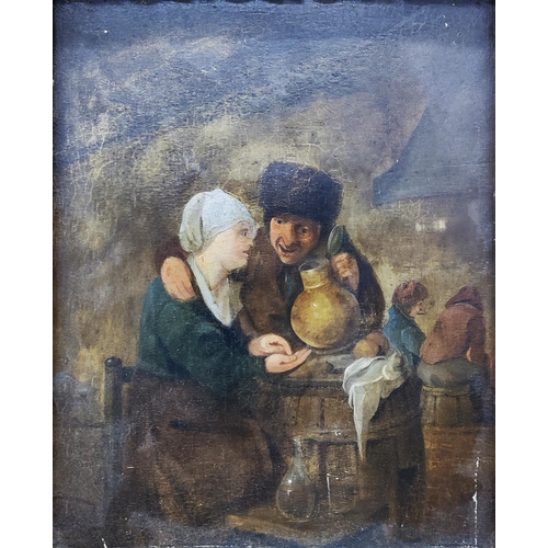 72 - 18TH/19TH CENTURY SCHOOL, 'Figures with Jug', oil on board, 27cm x 21cm, framed together with a port... 