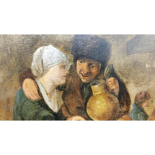 72 - 18TH/19TH CENTURY SCHOOL, 'Figures with Jug', oil on board, 27cm x 21cm, framed together with a port... 