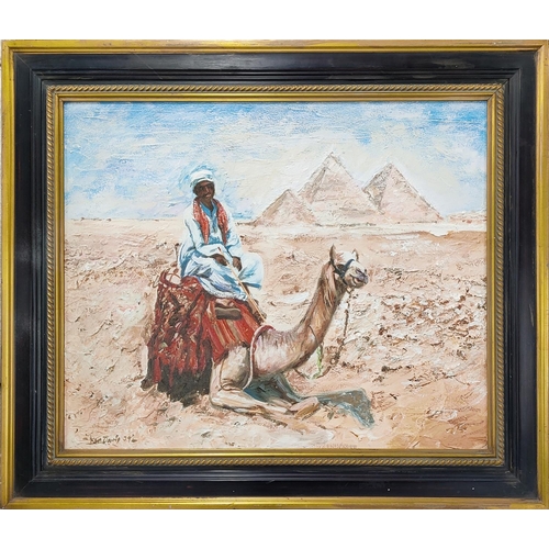 75 - KEN DAVIS, 'Camel Driver and Pyramids', oil on board, 50cm x 60cm, framed.