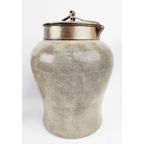 4 - THREE JARS AND COVERS, shagreen finish, to ceramic bodies, brass covers, inverted baluster form, 37c... 