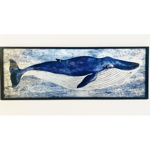 309 - CONTEMPORARY SCHOOL WHALE PRINT, 44cm H x 120cm W.