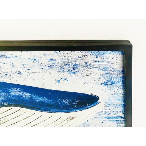 309 - CONTEMPORARY SCHOOL WHALE PRINT, 44cm H x 120cm W.