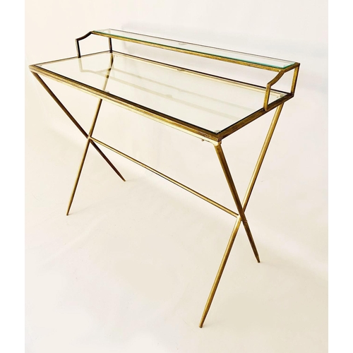 311 - DESK, gilt metal and glass, 87cm H x 95cm W x 42cm D.