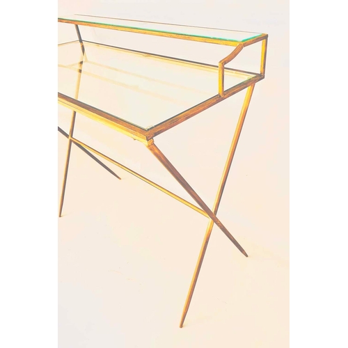 311 - DESK, gilt metal and glass, 87cm H x 95cm W x 42cm D.