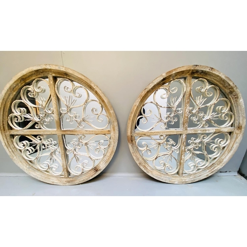 327 - ARCHITECTURAL WALL MIRRORS, a pair, Italian style with distressed painted frames, 72cm W. (2)