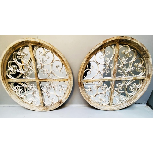 327 - ARCHITECTURAL WALL MIRRORS, a pair, Italian style with distressed painted frames, 72cm W. (2)