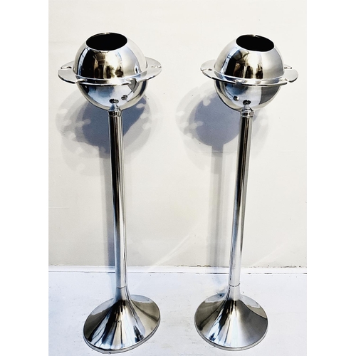 331 - WINE COOLERS ON STANDS, a pair, Art Deco style polished metal. (2)