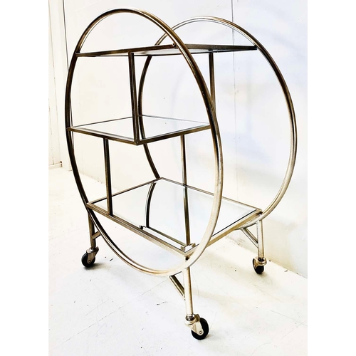 337 - DRINKS TROLLEY, Art Deco style silvered metal and glass, 93cm H x 82cm L x 37cm W.