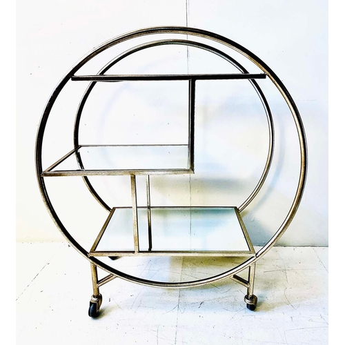 337 - DRINKS TROLLEY, Art Deco style silvered metal and glass, 93cm H x 82cm L x 37cm W.