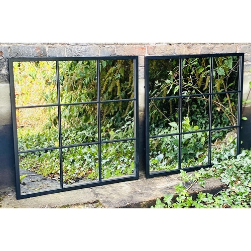 341 - ARCHITECTURAL GARDEN MIRRORS, a pair, contemporary design black metal frames, 90cm H x 90cm W. (2)