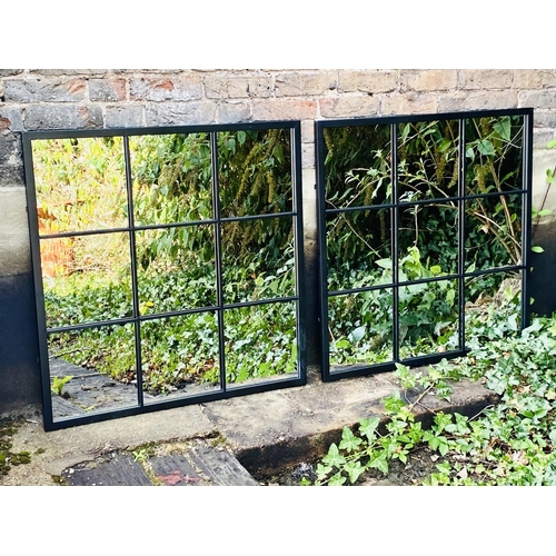 341 - ARCHITECTURAL GARDEN MIRRORS, a pair, contemporary design black metal frames, 90cm H x 90cm W. (2)