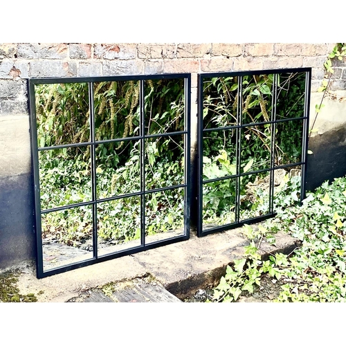 341 - ARCHITECTURAL GARDEN MIRRORS, a pair, contemporary design black metal frames, 90cm H x 90cm W. (2)