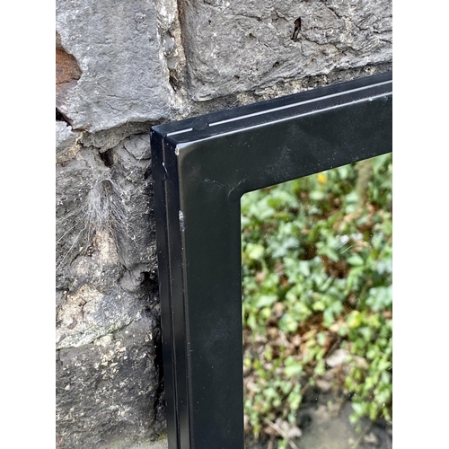 341 - ARCHITECTURAL GARDEN MIRRORS, a pair, contemporary design black metal frames, 90cm H x 90cm W. (2)