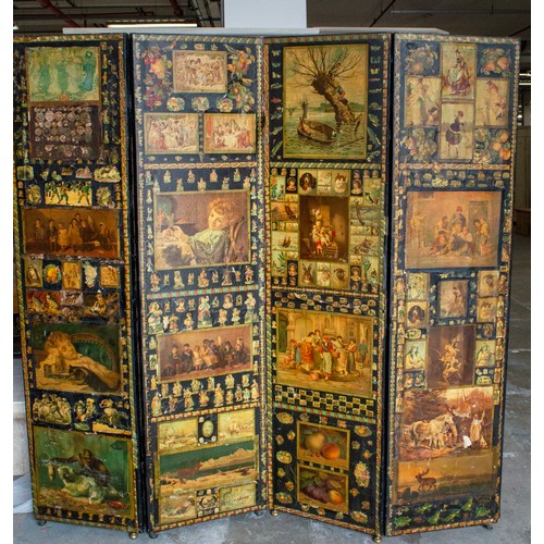 178 - SCREEN, 19th century decoupage of four panels decorated on both sides, each leaf 184cm H x 46cm W.