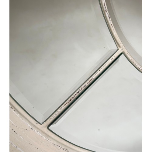 124 - WALL MIRROR, vintage large circular white, with moulded frame and marginal plates bevelled mirror th... 