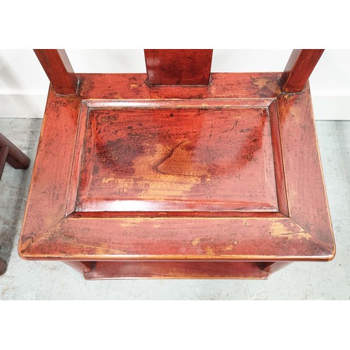 152 - CHINESE SIDE CHAIRS, a pair, red lacquered finish, 86cm H x 43cm W x 32cm D. (2)