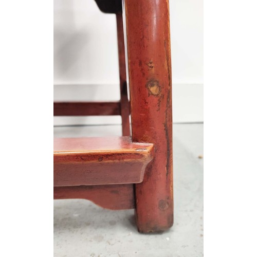 152 - CHINESE SIDE CHAIRS, a pair, red lacquered finish, 86cm H x 43cm W x 32cm D. (2)