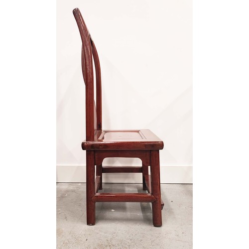 152 - CHINESE SIDE CHAIRS, a pair, red lacquered finish, 86cm H x 43cm W x 32cm D. (2)