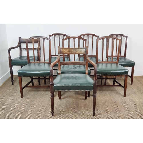 138 - A SET OF SIX GEORGE III MAHOGANY DINING CHAIRS, in the manner of George Hepplewhite, green leather s... 