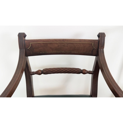 138 - A SET OF SIX GEORGE III MAHOGANY DINING CHAIRS, in the manner of George Hepplewhite, green leather s... 