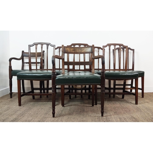 138 - A SET OF SIX GEORGE III MAHOGANY DINING CHAIRS, in the manner of George Hepplewhite, green leather s... 