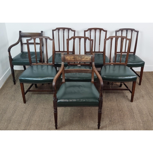 138 - A SET OF SIX GEORGE III MAHOGANY DINING CHAIRS, in the manner of George Hepplewhite, green leather s... 