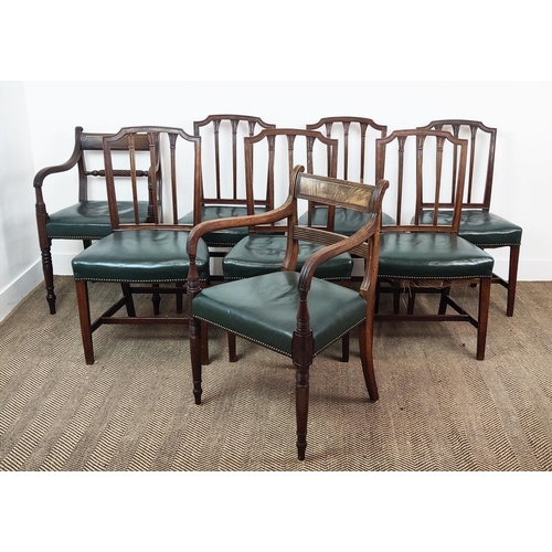 138 - A SET OF SIX GEORGE III MAHOGANY DINING CHAIRS, in the manner of George Hepplewhite, green leather s... 