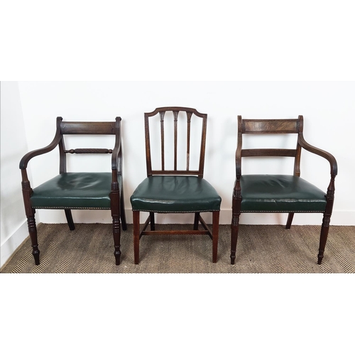 138 - A SET OF SIX GEORGE III MAHOGANY DINING CHAIRS, in the manner of George Hepplewhite, green leather s... 