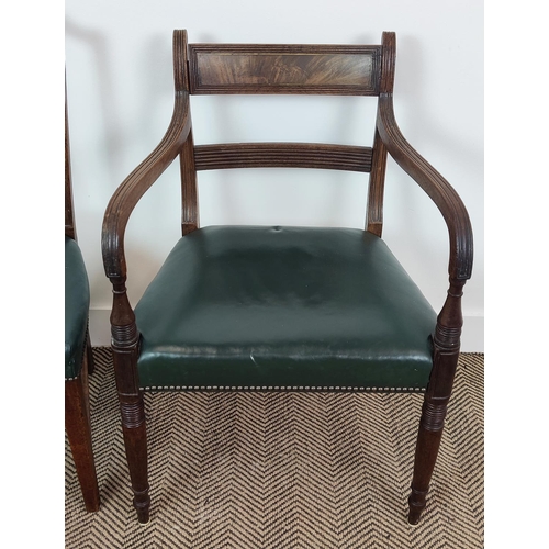 138 - A SET OF SIX GEORGE III MAHOGANY DINING CHAIRS, in the manner of George Hepplewhite, green leather s... 