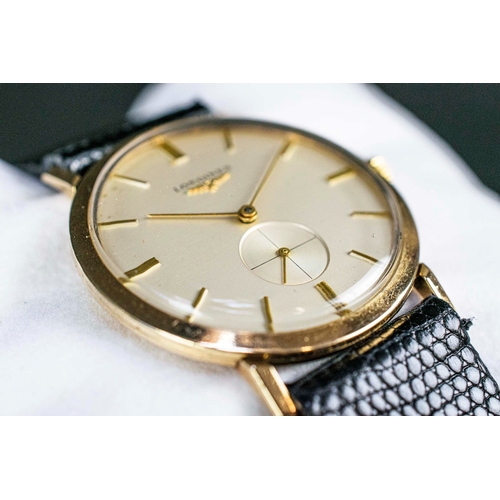 5A - LONGINES 9CT GOLD WRISTWATCH, 1959, 34mm (including crown), black lizard strap by 