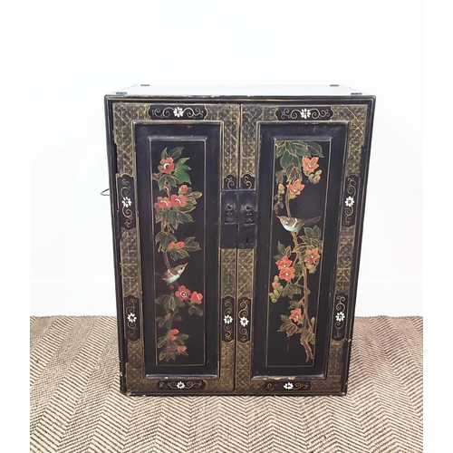 356 - SIDE CABINET, 19th century Japanese black lacquer, and decorated of two doors enclosing a shelf and ... 