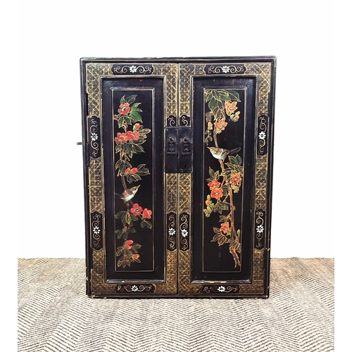 356 - SIDE CABINET, 19th century Japanese black lacquer, and decorated of two doors enclosing a shelf and ... 