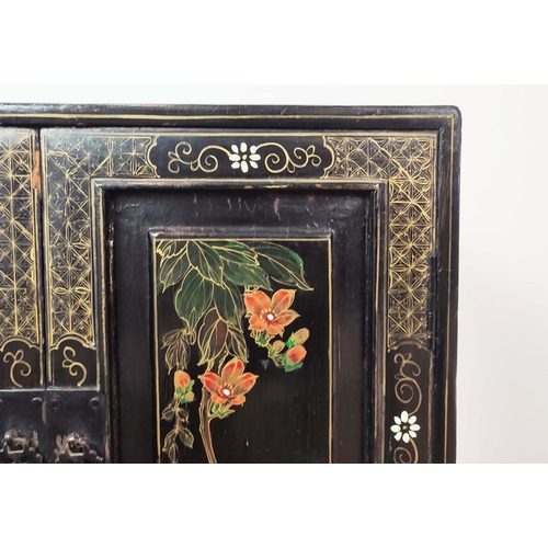 356 - SIDE CABINET, 19th century Japanese black lacquer, and decorated of two doors enclosing a shelf and ... 