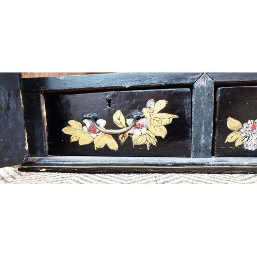 356 - SIDE CABINET, 19th century Japanese black lacquer, and decorated of two doors enclosing a shelf and ... 