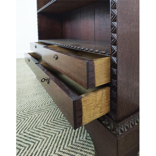 360 - BOOKCASE, Victorian oak with fixed shelves above four drawers with VR stamped locks, 130cm H x 86cm ... 