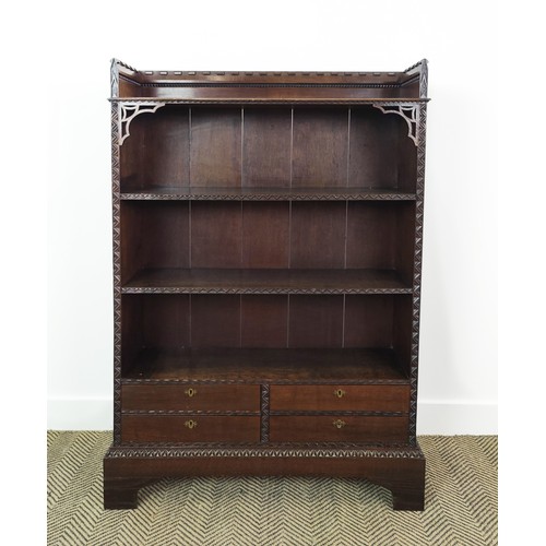 360 - BOOKCASE, Victorian oak with fixed shelves above four drawers with VR stamped locks, 130cm H x 86cm ... 