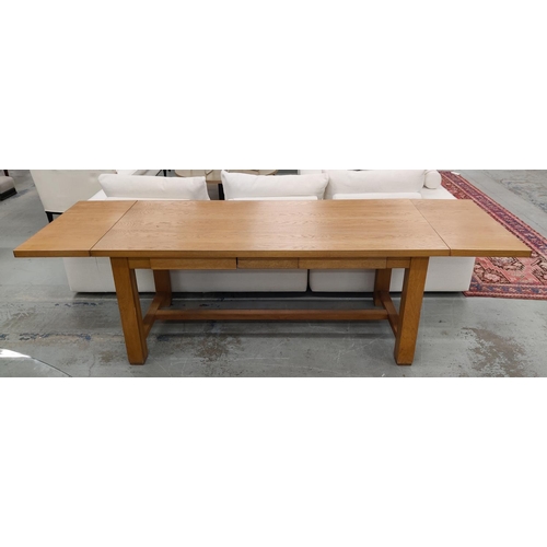 361 - LA CORNUE OAK TABLE, extendable with two leaves, has drawer and pull out loose chopping board to one... 